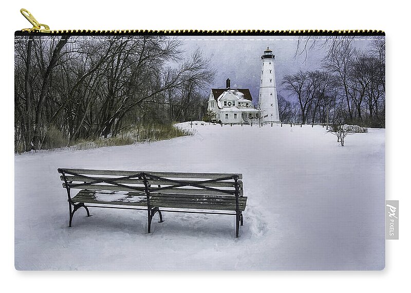 Lighthouse; Light House; Architecture; Beacon; Winter; Snow; Overcast; Cloudy; Cold; White; Tower; Keeper; House; Milwaukee; Lake Michigan; Structure; Building; Midwest; Shore; Nautical; Light Station; Coast; Frozen; Ice; Fine Art Photography; Scott Norris Photography; Bench; Sit; Rest; Park Bench; Wooden Bench Zip Pouch featuring the photograph North Point Lighthouse and Bench by Scott Norris