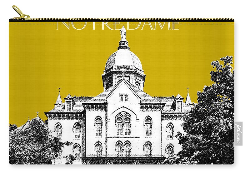 Architecture Carry-all Pouch featuring the digital art Notre Dame University Skyline Main Building - Gold by DB Artist