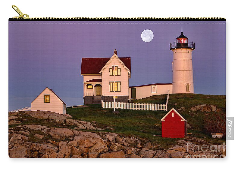 Moon Zip Pouch featuring the photograph Nubble Lighthouse and Moon by Jerry Fornarotto