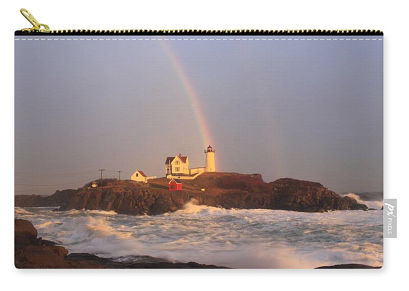 Lighthouse Zip Pouch featuring the photograph Nubble Lighthouse Rainbow and High Surf by John Burk