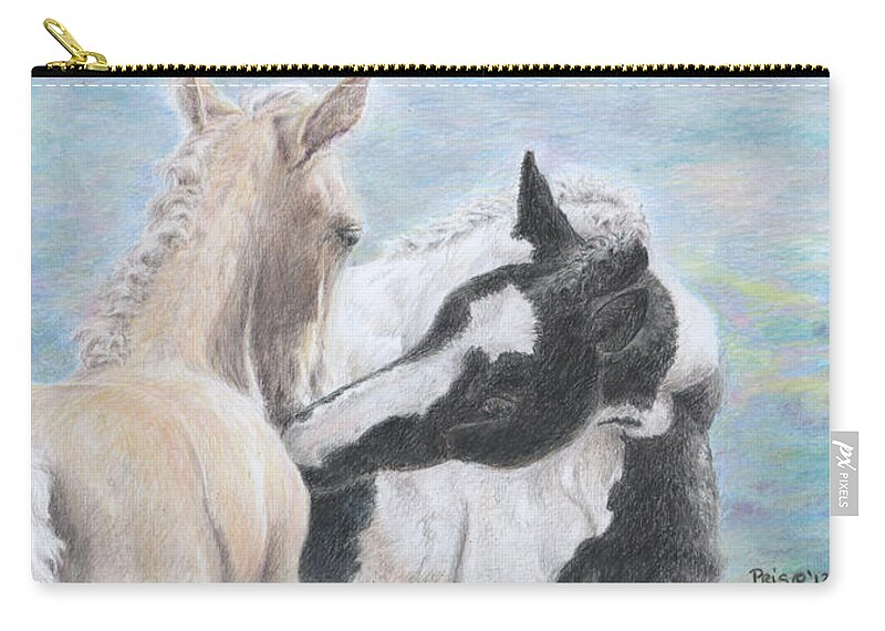 Horse Zip Pouch featuring the drawing Nuzzle Buddies by Pris Hardy