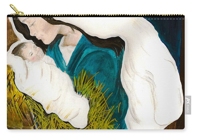 Mary And Baby Jesus Zip Pouch featuring the painting Mary and Baby -O Holy Night -birth of Jesus by Jan Dappen