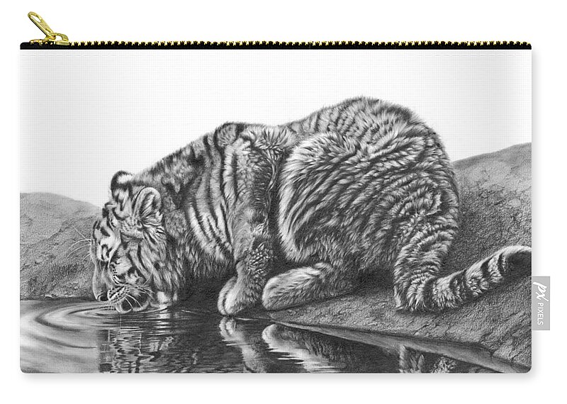 Tiger Zip Pouch featuring the drawing Oasis by Peter Williams