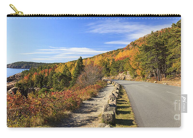 Otter Cliff Zip Pouch featuring the photograph Ocean Drive road panorama Acadia National Park by Ken Brown
