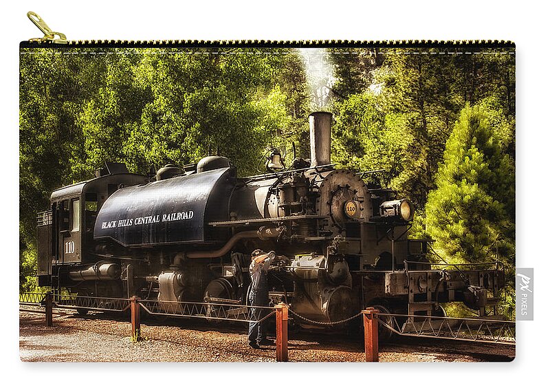 Black Hills Central Railroad Zip Pouch featuring the photograph Oiling the 110 by Mary Jo Allen
