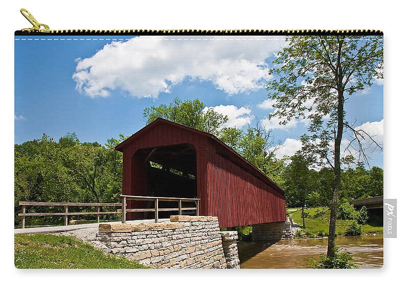 Architecture Zip Pouch featuring the photograph Old Red Bridge by Stone Wall by Darryl Brooks