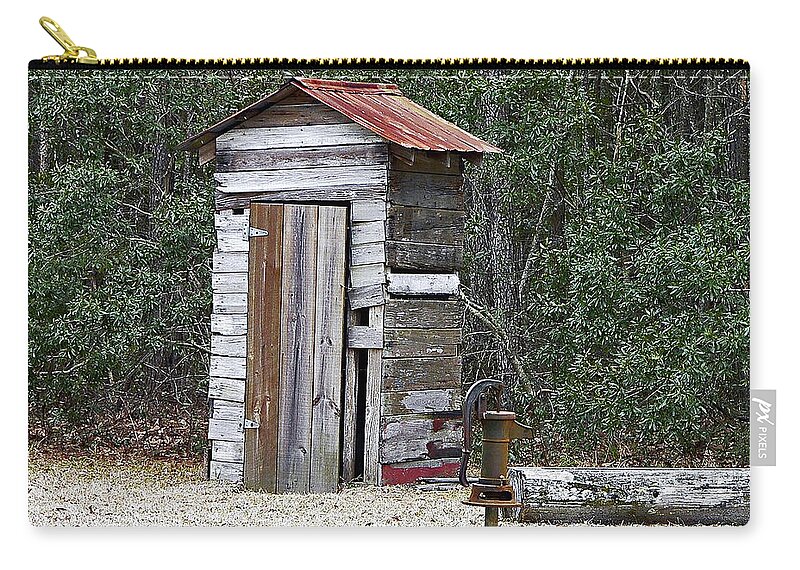 Outhouse Zip Pouch featuring the photograph Old time Outhouse and Pitcher Pump by Al Powell Photography USA