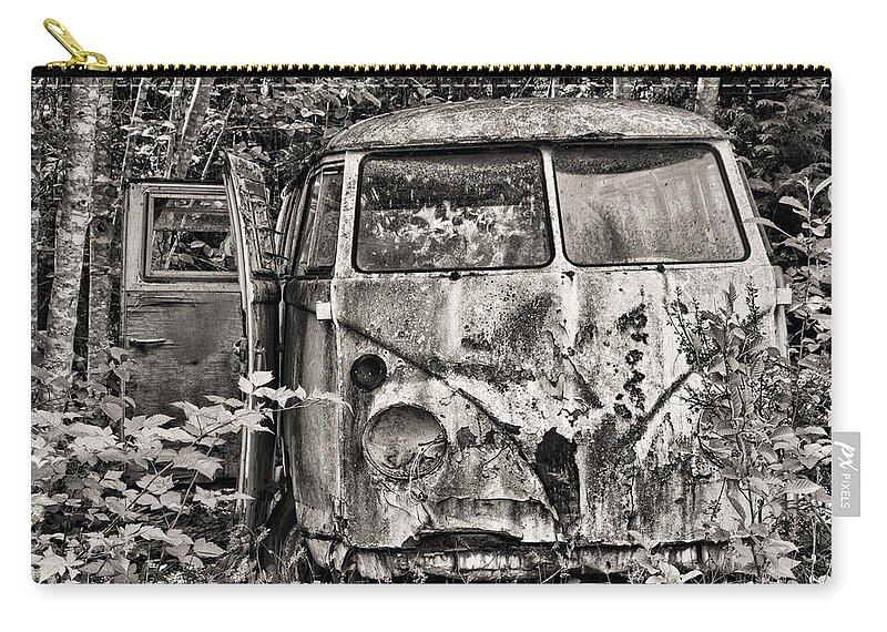 Volkswagen Zip Pouch featuring the photograph Old Volkswagen Van Black and White by Peggy Collins
