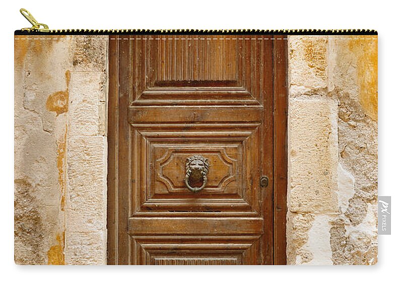 Handle Zip Pouch featuring the photograph Old Wooden Door In City Of Rethymno by Windujedi
