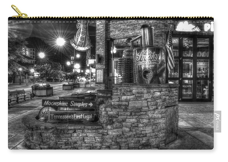 Old Smoky Tennessee Moonshine Distillery Zip Pouch featuring the photograph Ole Smoky Tennessee Moonshine in Black and White by Greg and Chrystal Mimbs