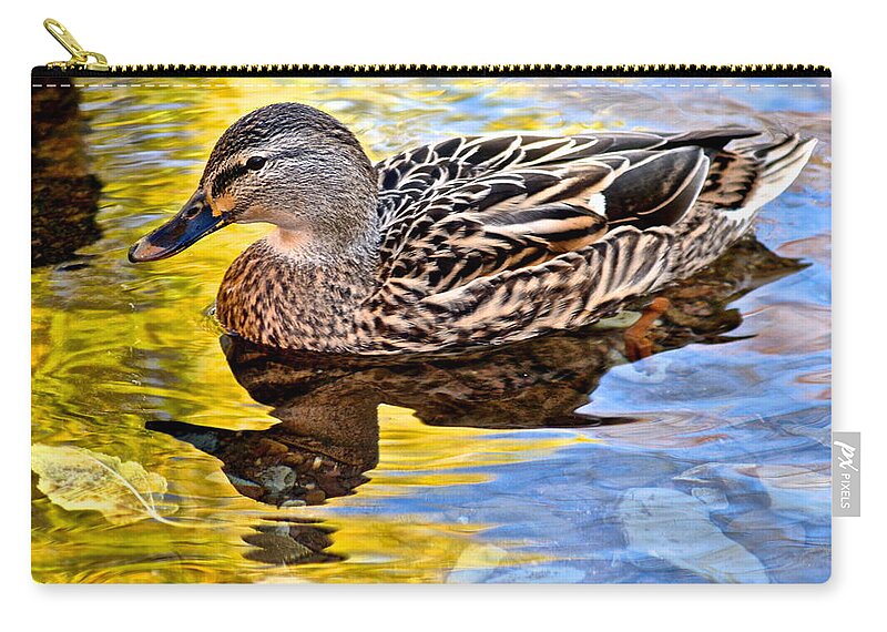 Wildlife Zip Pouch featuring the photograph One Leaf Two Ducks by Frozen in Time Fine Art Photography