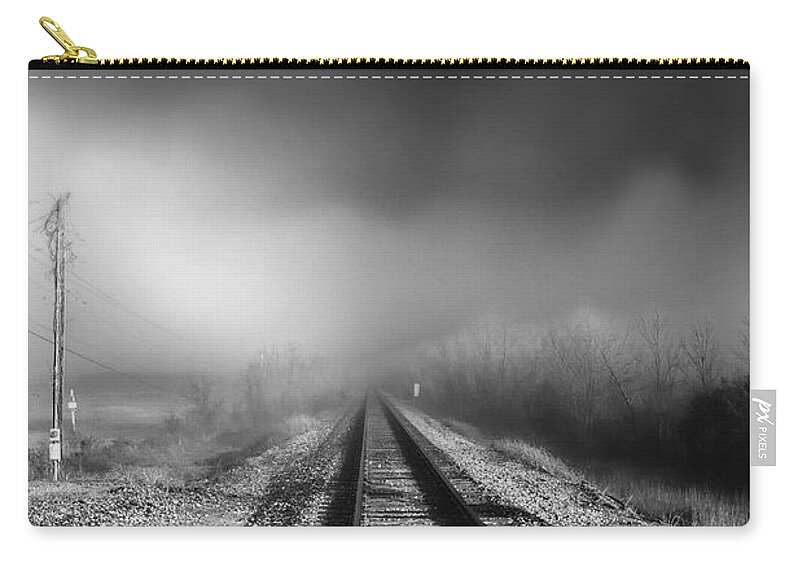 Railroad Tracks Zip Pouch featuring the photograph Onward - Railroad Tracks - Fog by Jason Politte