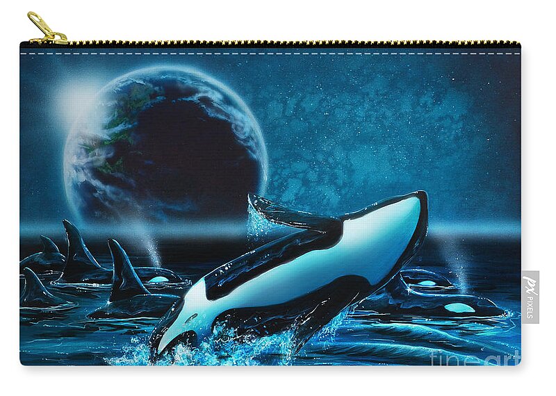 Orca Zip Pouch featuring the painting Orcas at night by Lachri