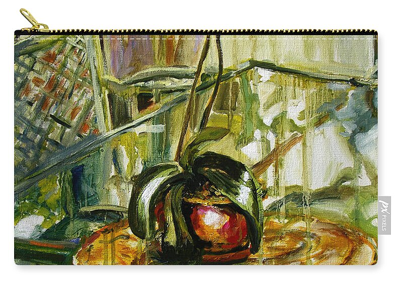 Art Zip Pouch featuring the painting Orchid on a glass table by Julianne Felton
