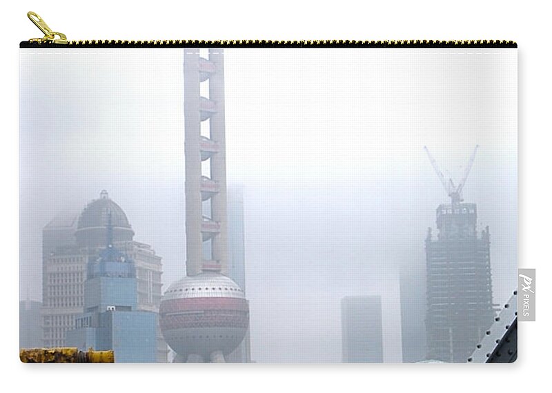 Oriental Pearl Tower Zip Pouch featuring the photograph Oriental Pearl Tower Under Fog by Nicola Nobile