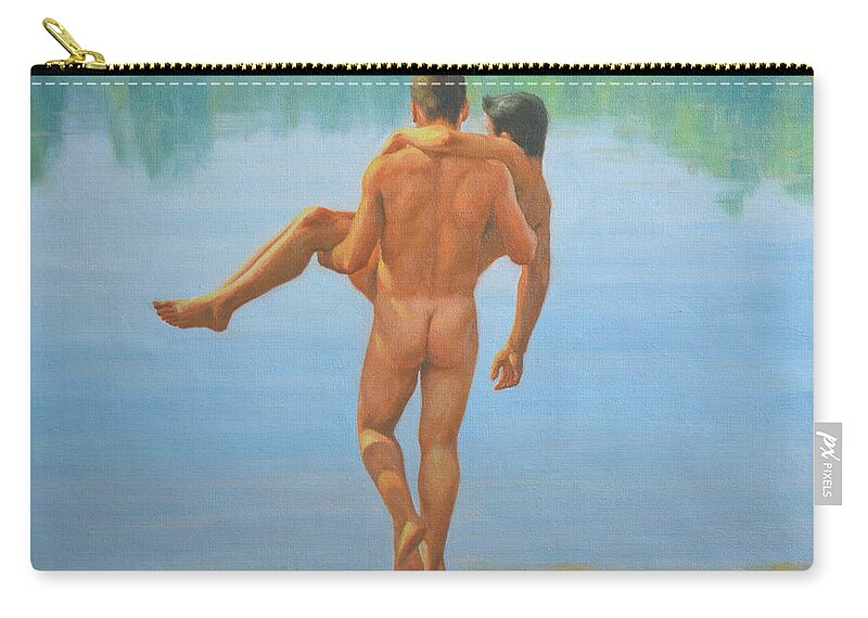 Original. Oil Painting. Art Zip Pouch featuring the painting Original Oil Painting Man Body Art -male Nude By The Pool -073 by Hongtao Huang