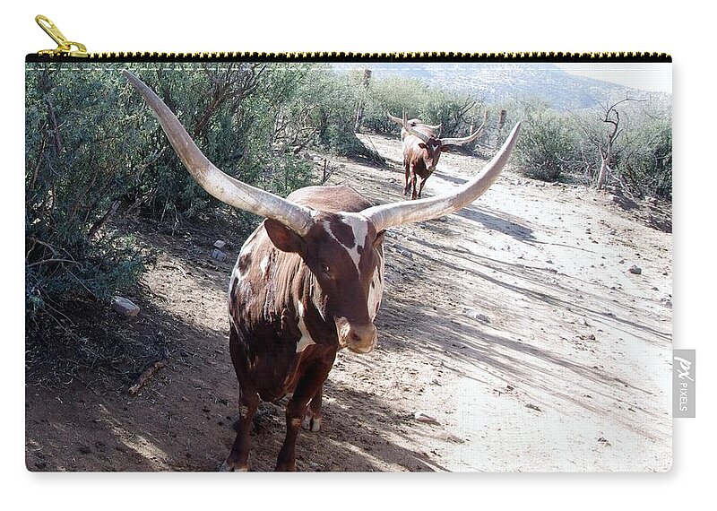 Out Of Africa Zip Pouch featuring the photograph Out of Africa Long Horns by Phyllis Spoor