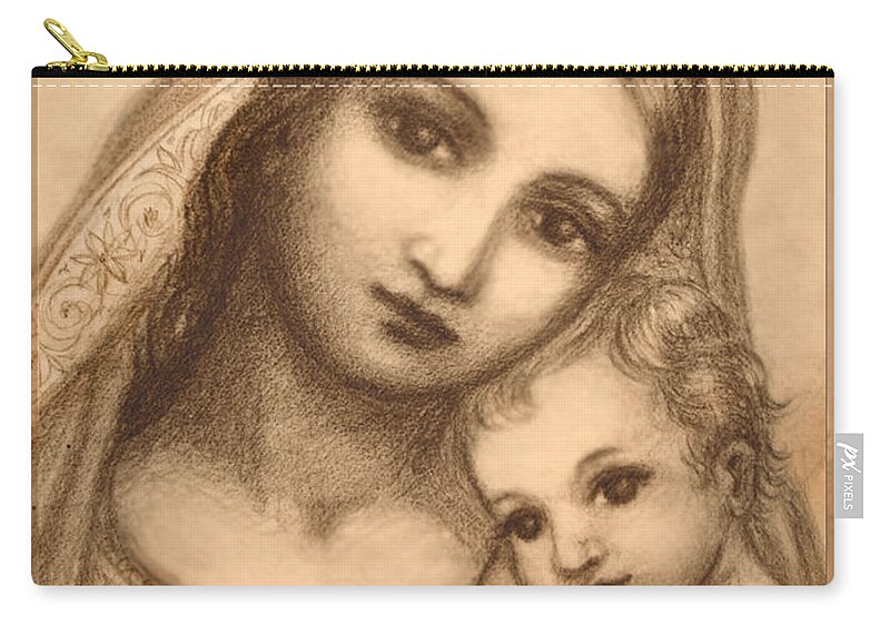 Madonna Zip Pouch featuring the mixed media Oval Madonna Drawing by Ananda Vdovic