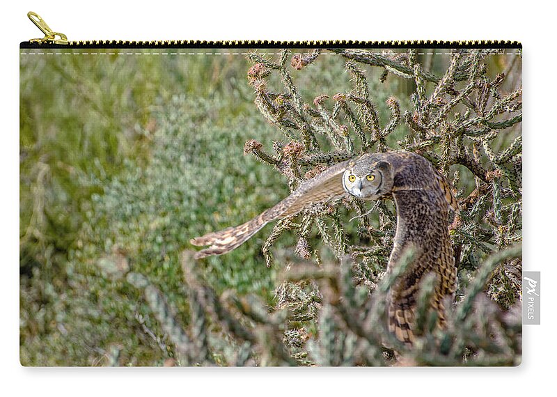 Great Horned Owl Zip Pouch featuring the photograph Owl Out of the Cholla by Evelyn Harrison