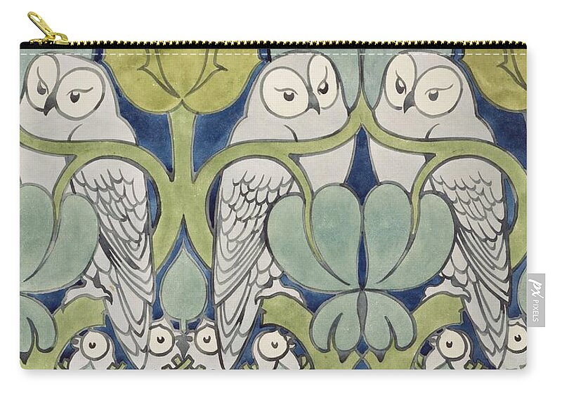 Textile Or Wallpaper Design Zip Pouch featuring the painting Owls, 1913 by Charles Francis Annesley Voysey