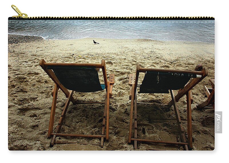 Favorite Sitting Spots Zip Pouch featuring the digital art Beach Chairs For Two And A Bird by Pamela Smale Williams