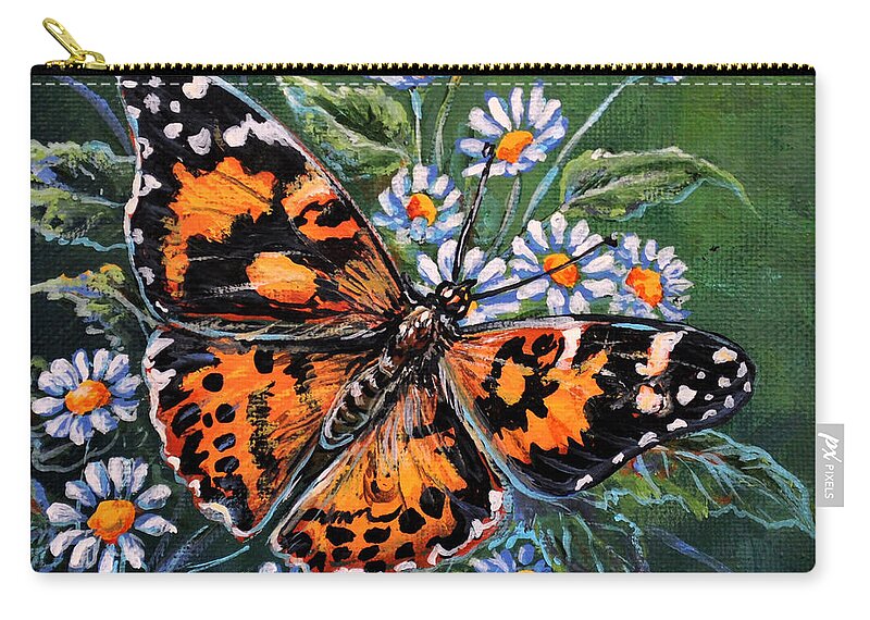 Nature Butterfly Painted Lady Wings Daisy Flower Zip Pouch featuring the painting Painted Lady by Gail Butler