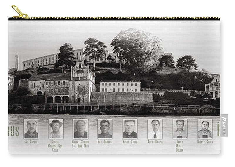 Alcatraz Zip Pouch featuring the photograph Panorama Alcatraz Infamous Inmates Black and White by Scott Campbell