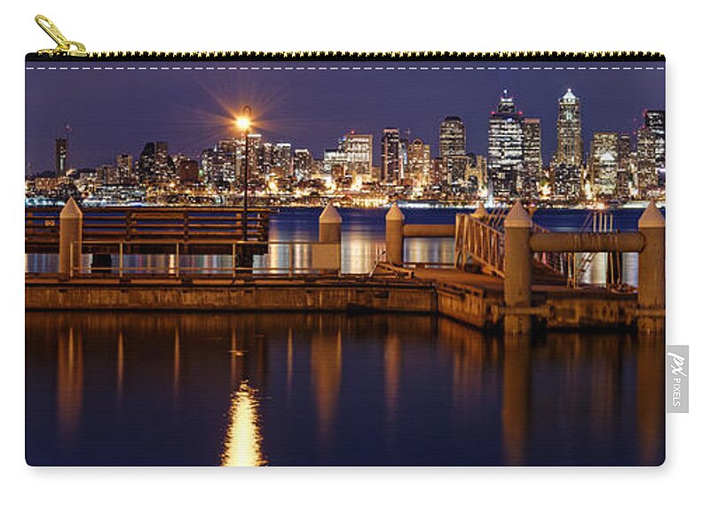 Alki Beach Zip Pouch featuring the photograph Panorama of Downtown Seattle from Alki Beach - West Seattle Seacrest Park Washington State by Silvio Ligutti