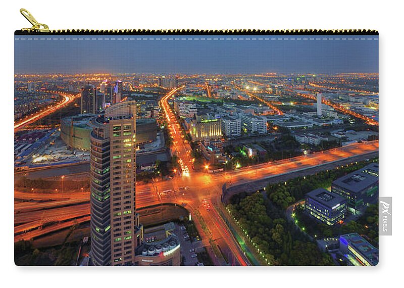 Panoramic Zip Pouch featuring the photograph Panoramic Night View Of Jinqiao Export by Wei Fang