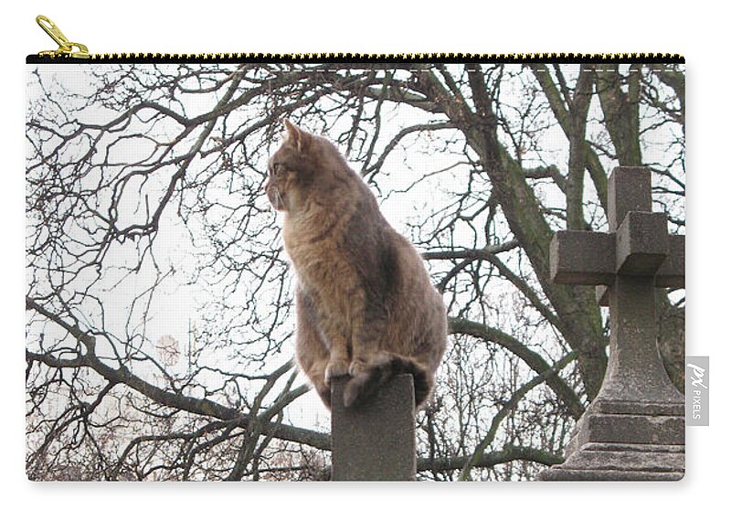Pere Lachaise Cemetery Cats Zip Pouch featuring the photograph Paris Cemetery Cats - Pere La Chaise Cemetery - Wild Cats On Cross by Kathy Fornal