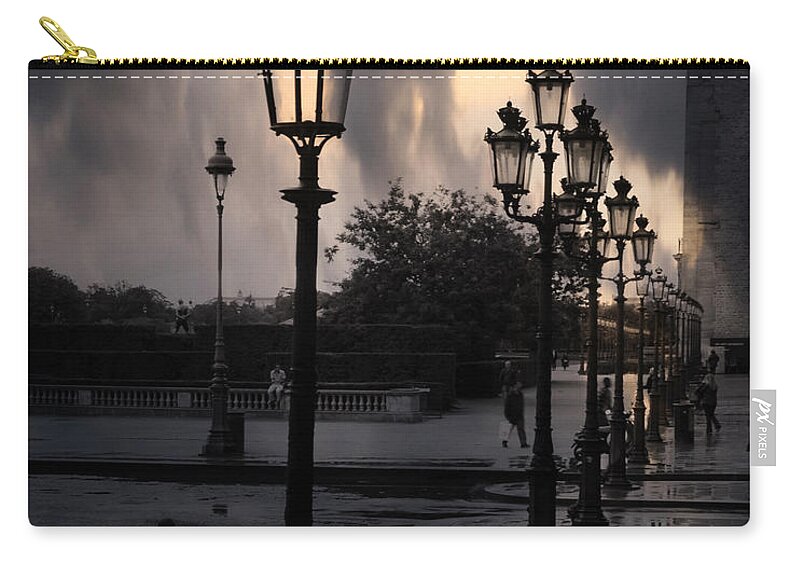 Paris Zip Pouch featuring the photograph Paris Louvre Lanterns, Louvre Museum Street Lanterns Lamps - Paris Gothic Street Lamps Black Clouds by Kathy Fornal