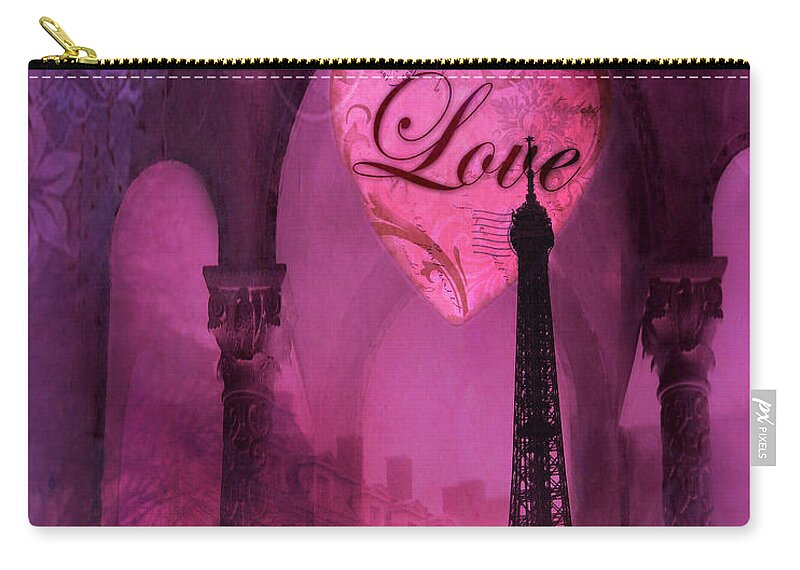 Paris Zip Pouch featuring the digital art Paris Romantic Pink Fantasy Love Heart - Paris Eiffel Tower Valentine Love Heart Print Home Decor by Kathy Fornal