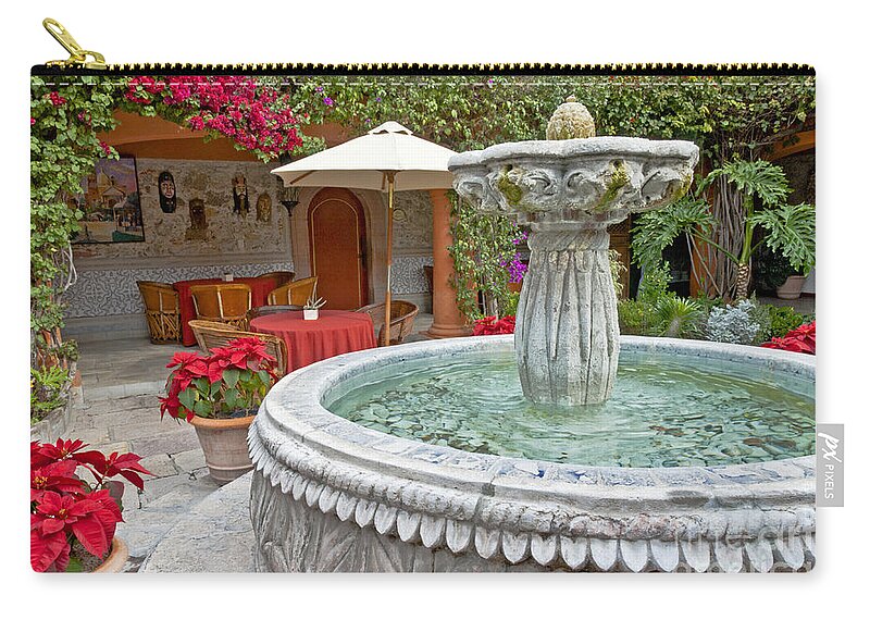 Patio Zip Pouch featuring the photograph Patio And Fountain by Richard & Ellen Thane