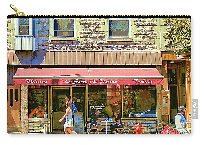 Street Scenes Zip Pouch featuring the painting Patisserie Les Saveurs Du Plateau Pique Nique Et Emporter Montreal Cafe Scene Art By Carole Spandau by Carole Spandau