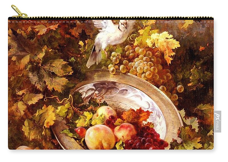 Still Life Zip Pouch featuring the painting Peaches and Grapes With A Dove - Bourland - 1875 by Pam Neilands