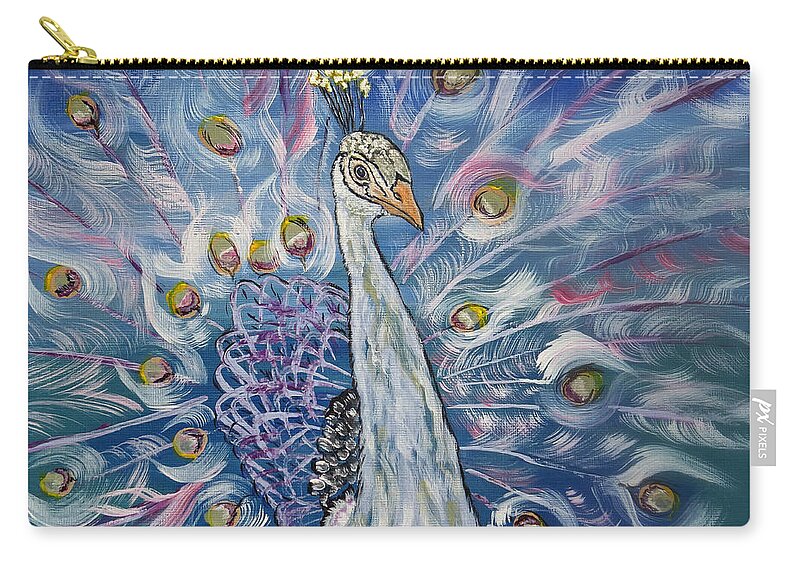 Animals Zip Pouch featuring the painting Peacock Dressed In White by Ella Kaye Dickey
