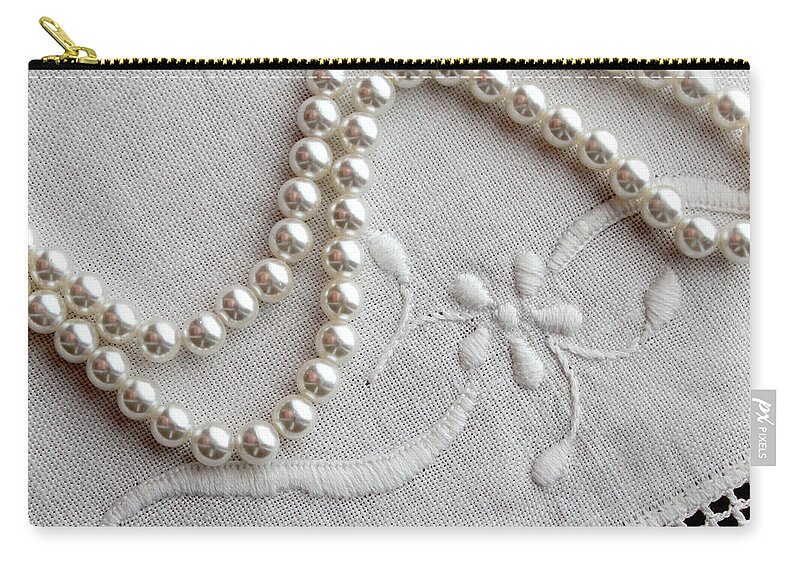Pearls And Old Linen Zip Pouch featuring the photograph Pearls and Old Linen by Barbara A Griffin