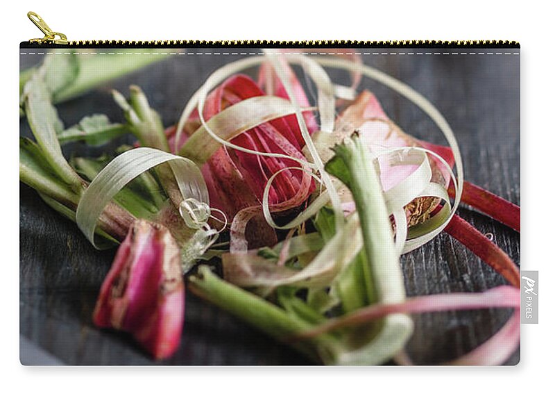 Bucket Zip Pouch featuring the photograph Peeled Of Rhubarb With Knife On Wooden by Westend61