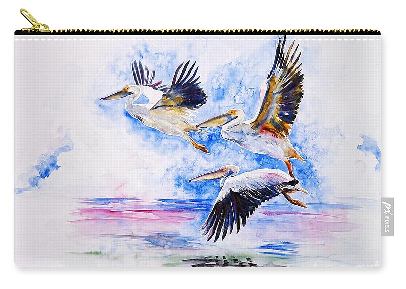 Pelicans Zip Pouch featuring the painting Pelicans by Zaira Dzhaubaeva
