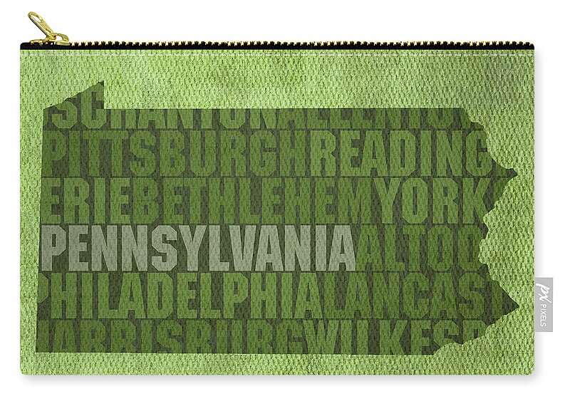 Pennsylvania Word Art State Map On Canvas Zip Pouch featuring the mixed media Pennsylvania Word Art State Map on Canvas by Design Turnpike