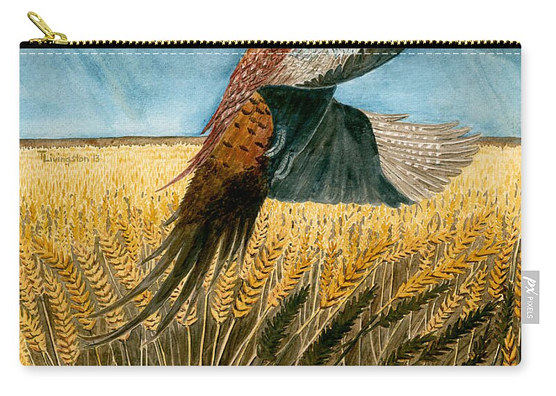 Pheasant Zip Pouch featuring the painting Pheasant Rising by Timothy Livingston