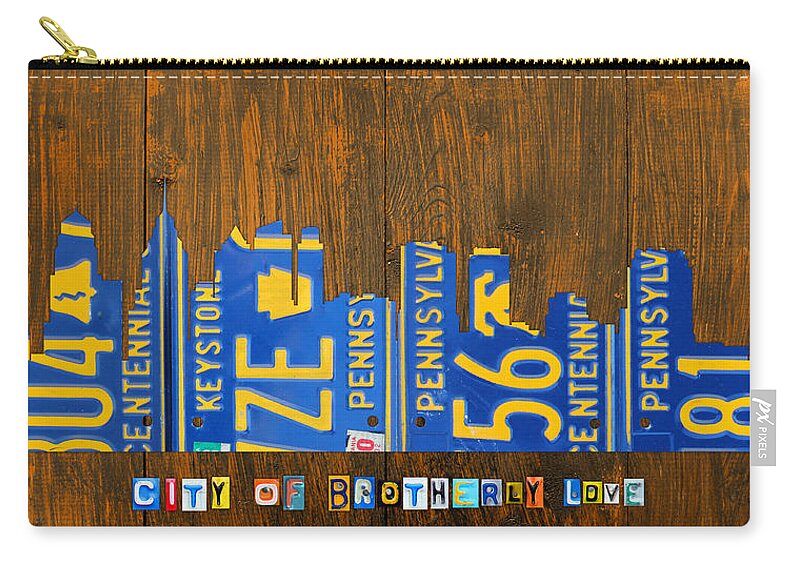 Philadelphia Zip Pouch featuring the mixed media Philadelphia Pennsylvania City of Brotherly Love Skyline License Plate Art by Design Turnpike