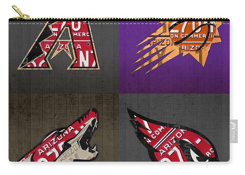 Phoenix Zip Pouch featuring the mixed media Phoenix Sports Fan Recycled Vintage Arizona License Plate Art Diamondbacks Suns Coyotes Cardinals by Design Turnpike