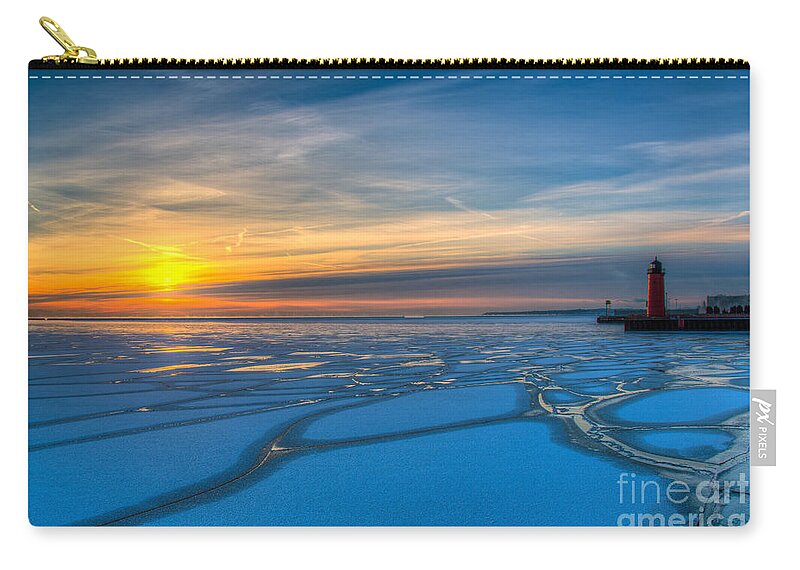 Blue Zip Pouch featuring the photograph Pierhead Polar Vortex Sunrise by Andrew Slater