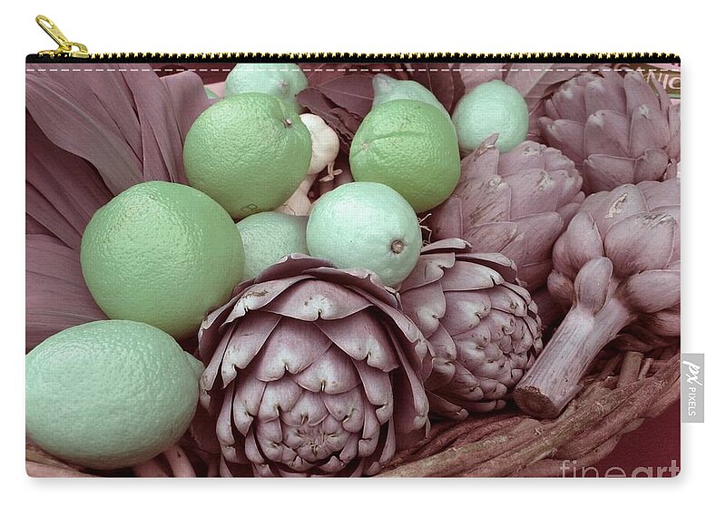 Fruit Zip Pouch featuring the photograph Pink Artichokes with Green Lemons and Oranges by James B Toy