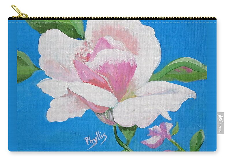 Pink Rose Zip Pouch featuring the painting Pink Rose in Paint by Phyllis Kaltenbach