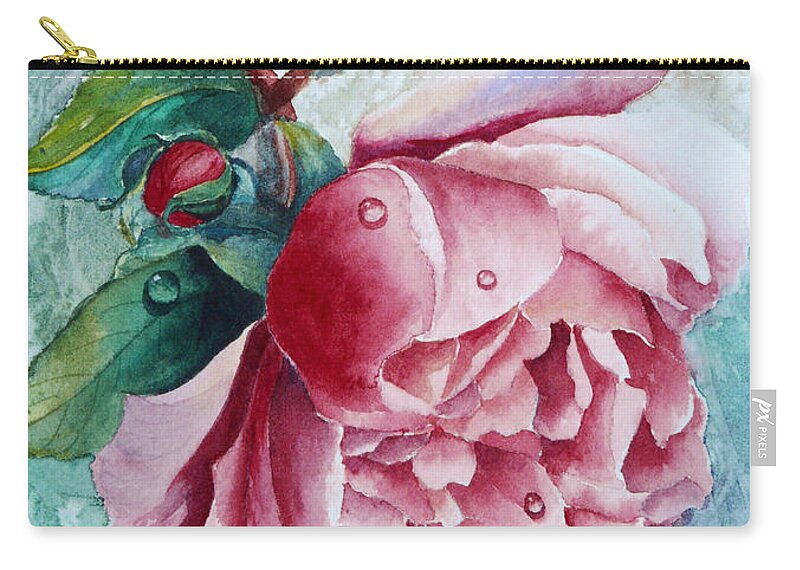Rose Zip Pouch featuring the painting Pink Rose With Waterdrops by Karen Mattson