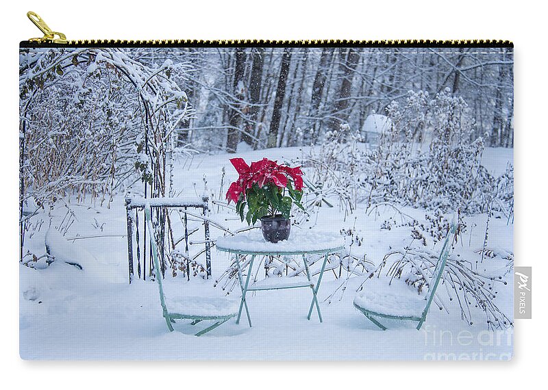 Poinsettia Zip Pouch featuring the photograph Poinsettia in the Snow by Alana Ranney