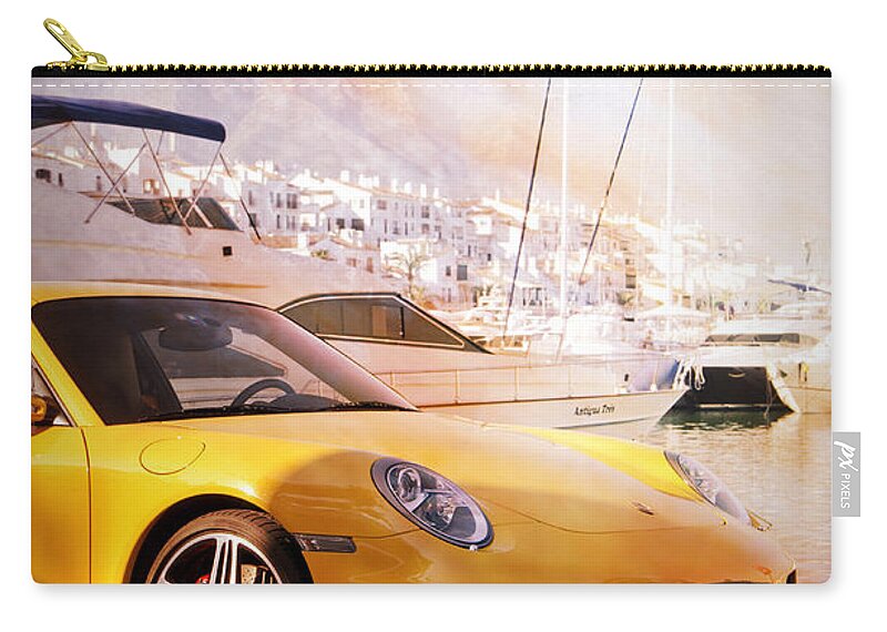 Porsche Zip Pouch featuring the photograph Porsche parked in front of luxury yacht by Perry Van Munster