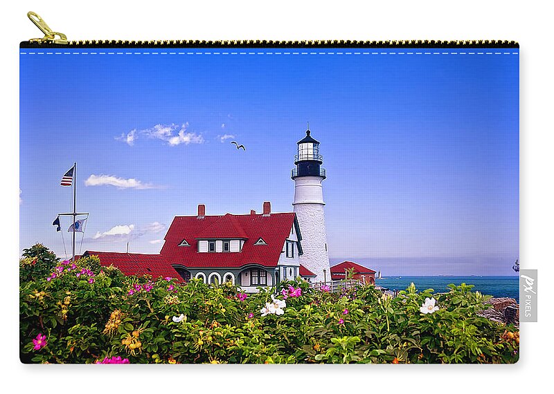Maine Zip Pouch featuring the photograph Portland Head Light and Roses by Mitchell R Grosky